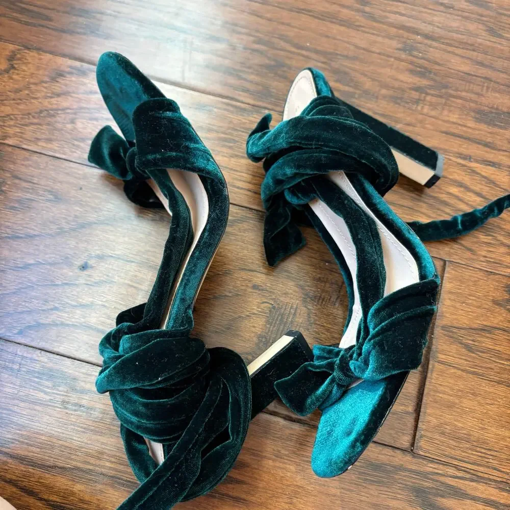 ZARA Emerald Green Velvet Bow Sandals Lace Up Ankle Tie Block Heels Size‎ 10